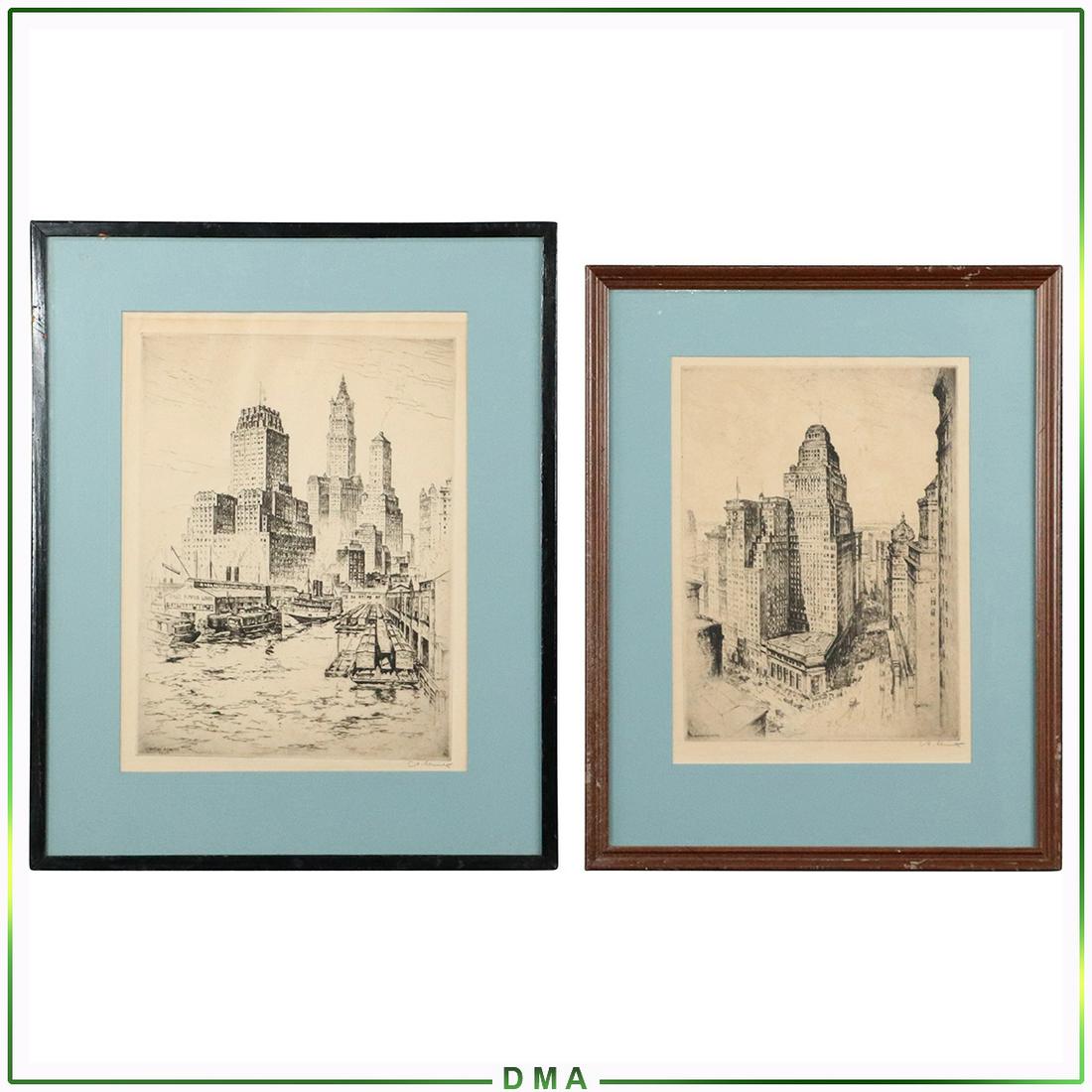 [2] Anton Schutz 1927, Signed Etchings Cityscape Scenes: [2] Anton Schutz 1927, Signed Etchings Cityscape Scenes . Original framing. Size: 12x9 image 19x15 outside frame, 13.5x10 image 20.75x16.75 outside frame