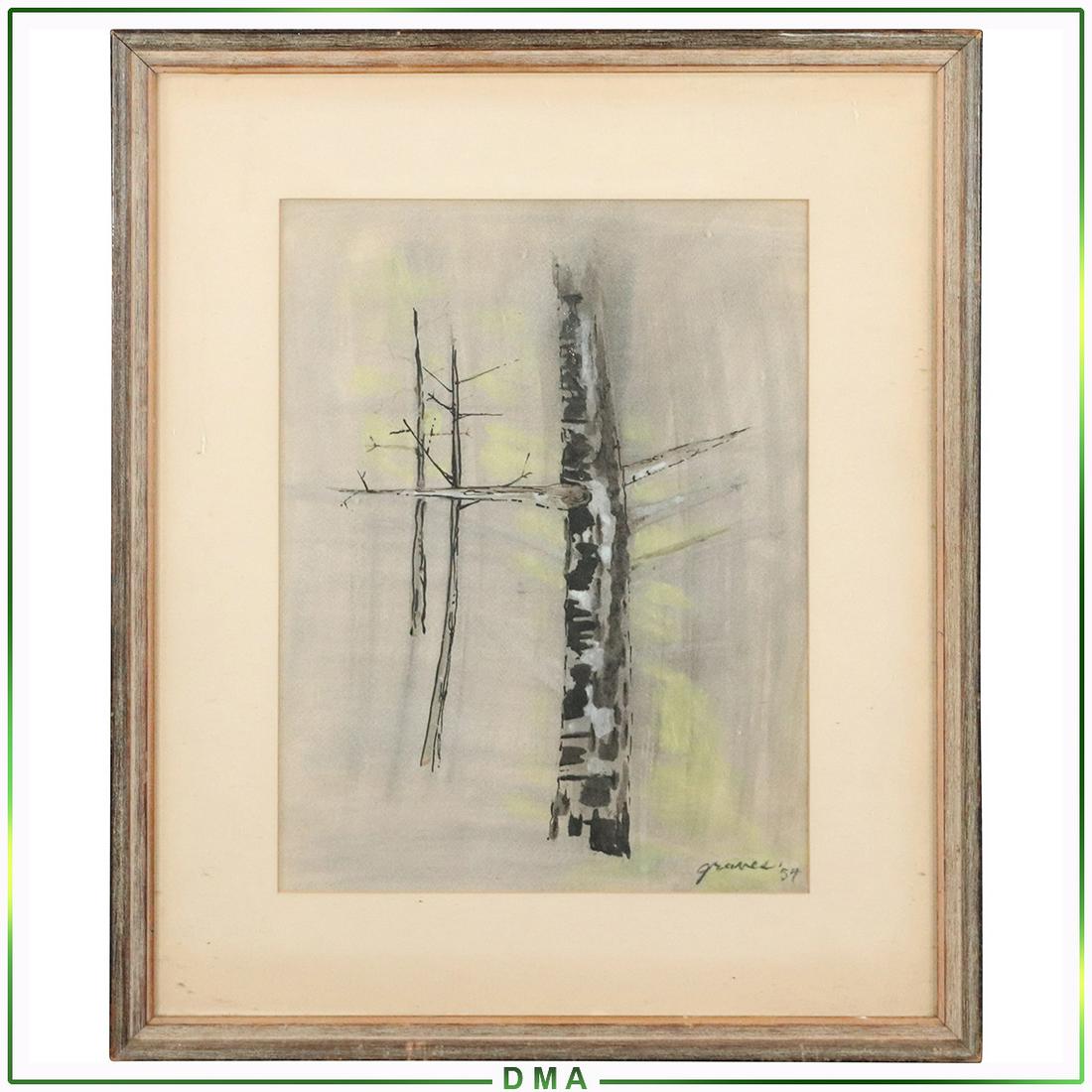 Morris Graves; 20thC. Modernist Mixed Media Signed: Morris Graves; 20thC. Modernist Mixed Media Signed . Mixed media on paper. Trees. Signed lower right and dated '54. Original framing; 16in. X 12in.(image), 23.5in. X 19.5in.(outside frame)