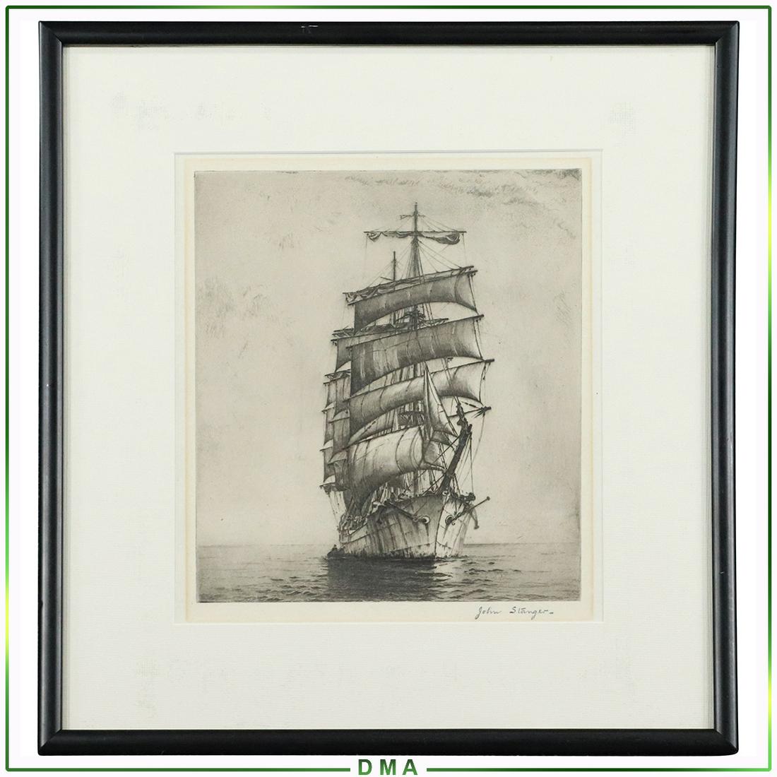 John Stanger, Etching Full Sail Clipper Ship, Signed: John Stanger, Etching Full Sail Clipper Ship, Signed. Framed. Size: 10x8.5 image, 16.75x15.25 outside frame