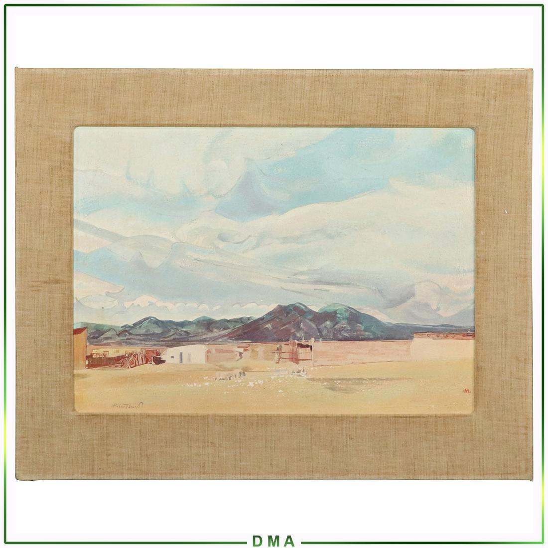 Peter Hurd, Gouache, Southwestern Pueblo Landscape: Peter Hurd, Gouache, Southwestern Pueblo Landscape. Gouache on board painting, signed: Peter Hurd and also with monogram: PH . Size: 15x21 image, 21.5x27 outside frame. ASKart: Peter Hurd (1904 - 1984