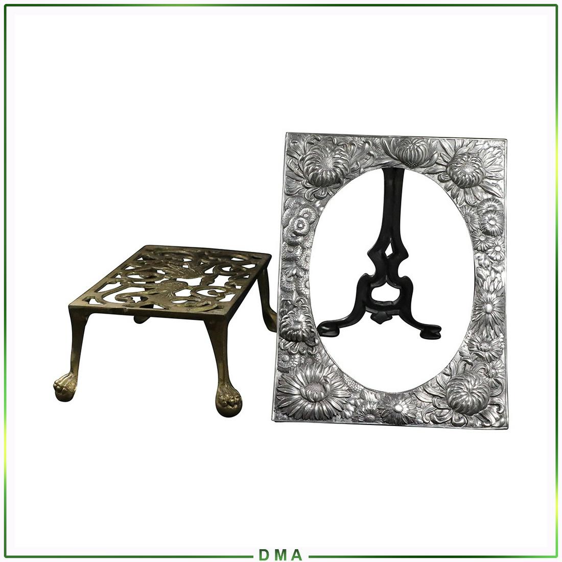 Brass Trivet on Legs and Fancy Pewter Picture Frame: Brass Trivet on Legs and Fancy Pewter Picture Frame. Size: 3.5x10.5x6.5 stand, 8.5x5.75 inside frame, 10x7.75 outside frame