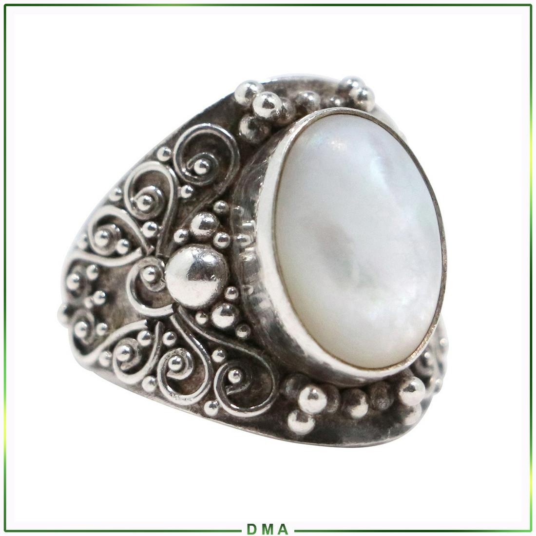 .925 Sterling Silver MOP Rococo Revival Ring Size 7: .925 Sterling Silver MOP Rococo Revival Ring Size 7. Marked: .925 BA ; size 7/8 in. diameter.