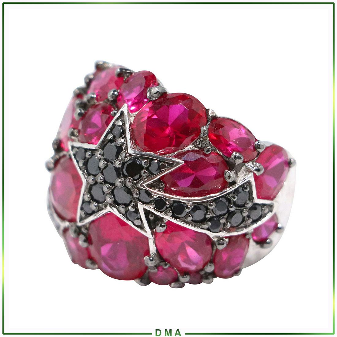 .925 Sterling Silver Ruby Cocktail Ring with Black CZs: .925 Sterling Silver Ruby Cocktail Ring with Black CZs. Marked: .925 RP ' Ring Size: 7; size 1 1/8 in. x 7/8 in.