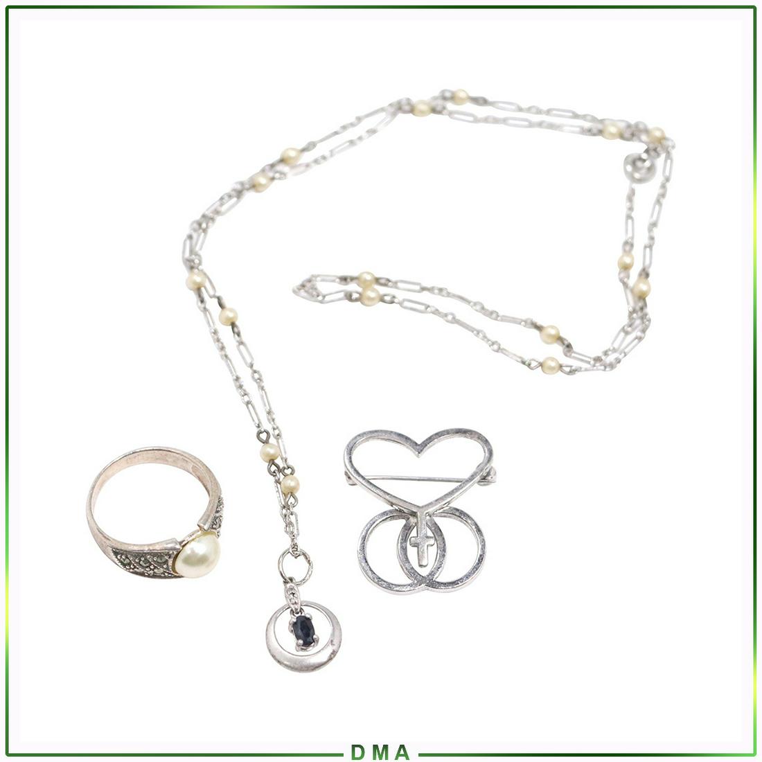 [3] Assorted .925 Sterling Ring, Brooch, Necklace: [3] Assorted .925 Sterling Ring Faux Pearl, Brooch, Necklace. Marked: Ring .925; brooch & necklace Sterling.; size Ring size 8, size 3/4 in. x 3/8 in.; brooch 1 in. x 1 in. ; necklace 1/2 in pendant, 