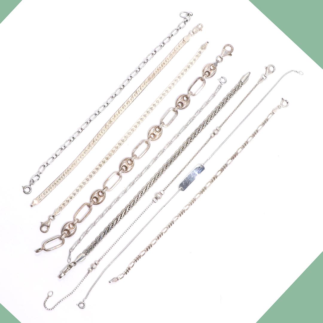 [9] Nine Assorted Sterling Silver Bracelets: [9] Nine Assorted Sterling Silver Bracelets. Marked: Sterling. sizes range 7 in. to 9 in. lengths