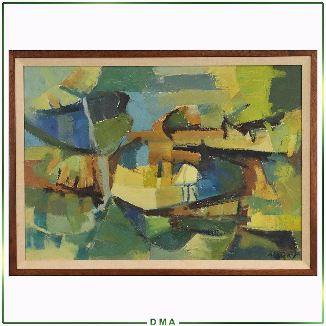 August Gay; 20thC. American Modernist Oil Signed: August Gay; 20thC. American Modernist Oil Signed; Oil on masonite. Mountain Vista - Boat on a Lake. Signed lower right; 20in. X 28in.(image), 22.25in. X 30.25in.(outside frame) California Artist