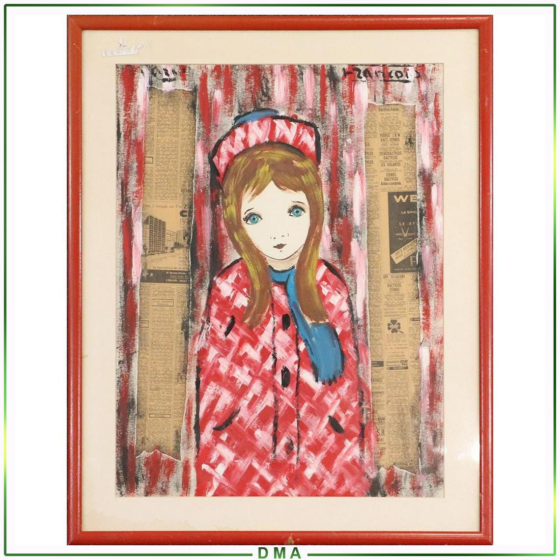 Zancot, Mid-Century Mixed Media Collage Red Coat Girl: Zancot, Mid-Century Mixed Media Collage Red Coat Girl. Signed. Painting on board, Framed. Vintage. size: 23x17.5 image, 28x22.5 outside frame