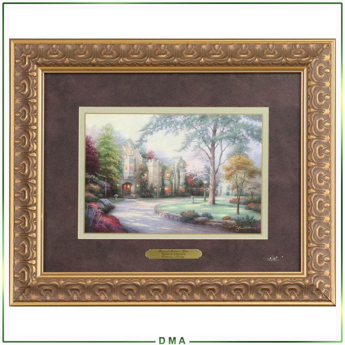 Thomas Kinkade, Serigraph "Beyond Summer Gate": Thomas Kinkade, Serigraph "Beyond Summer Gate", signed, Collector's Society, Original frame and brass name plaque. size: 6.5x9.5 image, 14.5x17.5 outside frame