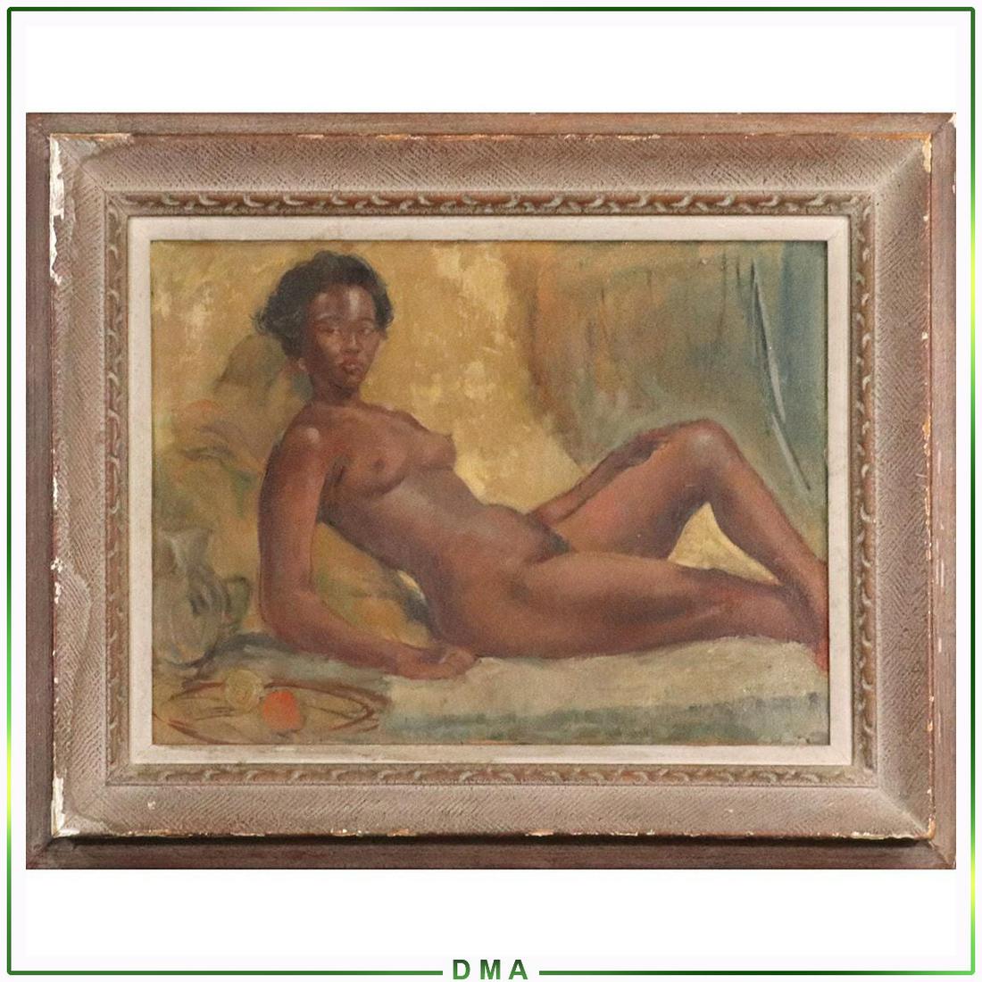 Circa 1940 Oil/b Nude African American Reclining Female: Circa 1940 Oil/b Nude African American Reclining Female. Oil on board painting, unsigned, Vintage, Original frame. Well done painting. size:18x24 image, 26.5x32.5 outside frame