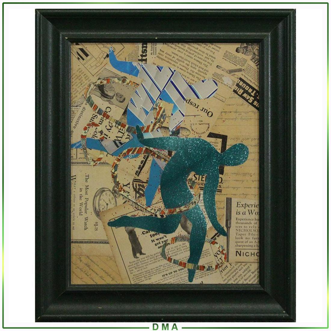 Wayne Cunningham, American 20th C, Modernism Collage: Wayne Cunningham, American 20th C, Modernism Collage. Metallic Figure on news clips. Signed, framed, Well Listed American Artist. Size: 11 x 14 , outside of frame 18 x 15 Wayne Cunningham (20th Centur