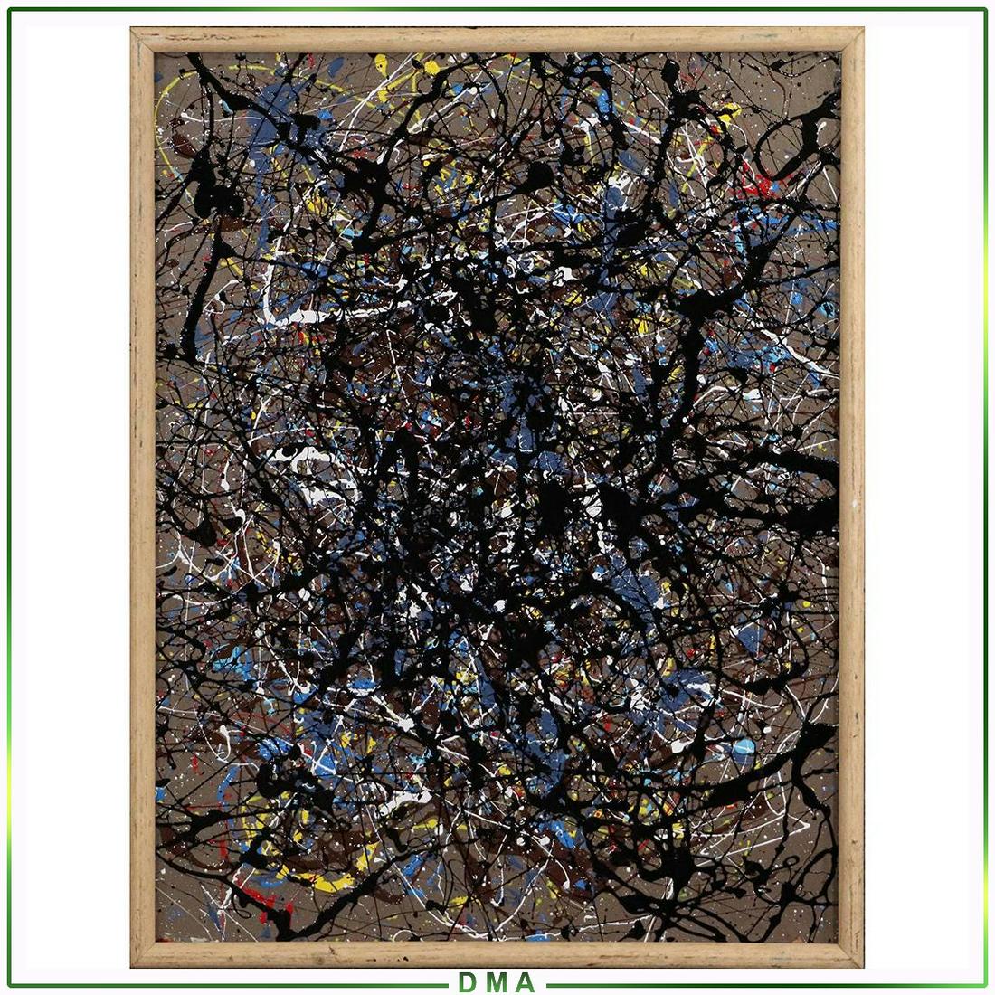 Pulgini after Jackson Pollock, Oil/b Abstract Drip Art: Pulgini after Jackson Pollock, Oil/b Abstract Drip Art. Oil on board. Signed on verso. Framed. Popular Philadelphia area Artist. Top prices recorded for this artist in 2020 is $550, $600. Size: 23x18
