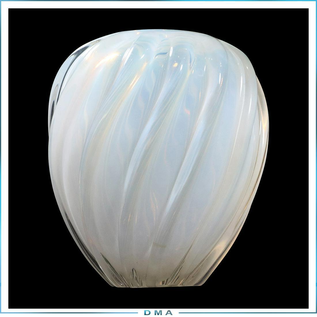 Sabino Opalescent Ribbed Glass Vase: French Art Deco opalescent ribbed glass vase. Probably Sabino; Size: 11.5in.H. x 10in.W. x 7.5in.D.