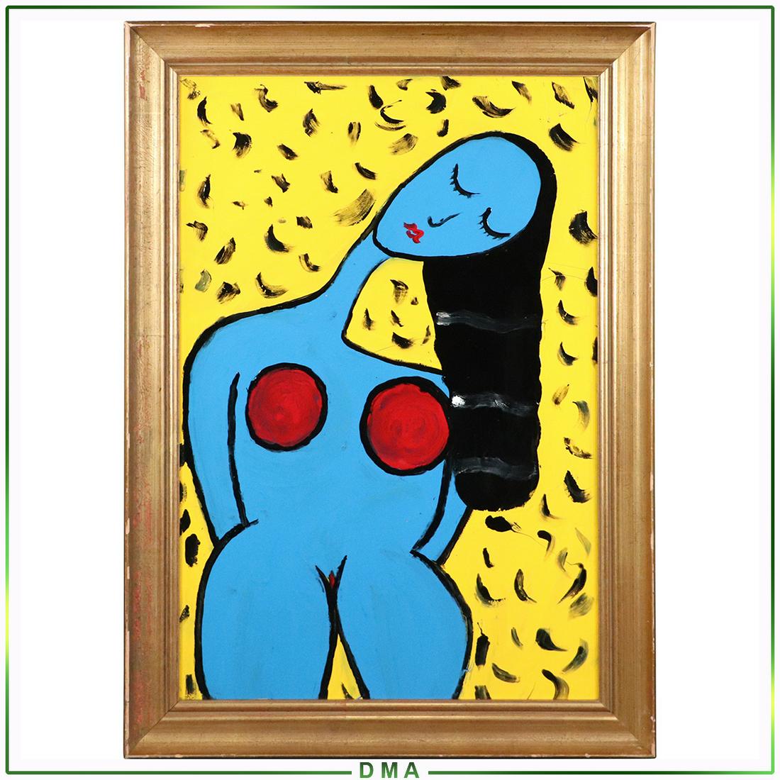 Pulgini, Mid-Century Modern Oil/b Abstract Blue Woman: Pulgini, Mid-Century Modern Oil/b Abstract Blue Woman. Oil on board painting. Signed on verso. Framed. Popular Philadelphia Area Artist. Top Auction prices recorded for this artist in 2020 is $550, $6