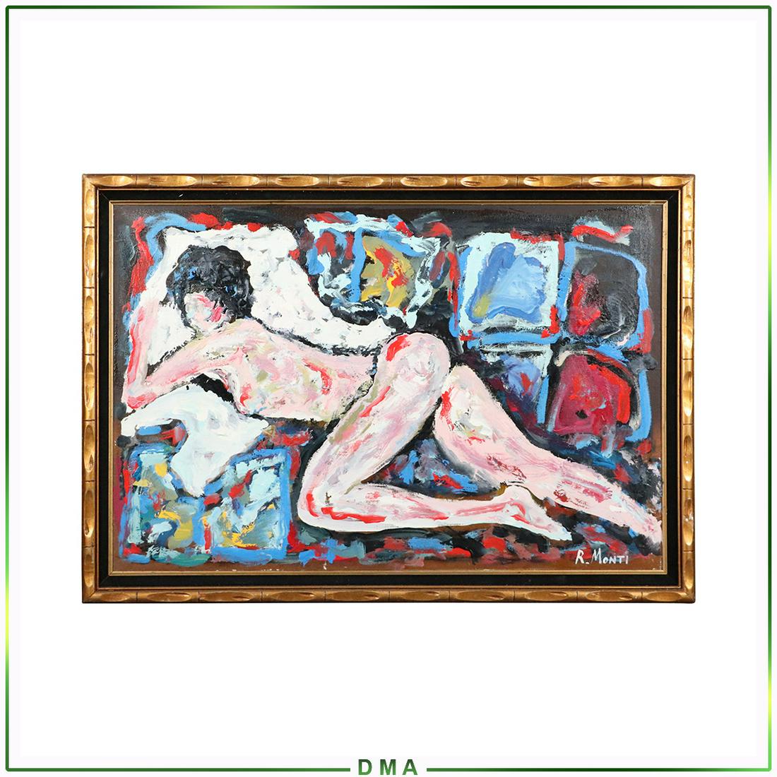 R Monti, Mid-Century Modern Abstract Reclining Nude O/c: R Monti, Mid-Century Modern Abstract Reclining Nude O/c. Oil on canvas painting. Signed front and back. Framed. Popular Philadelphia Area Artist. Top Auction Prices Recorded for this Artist: $2250. ; 