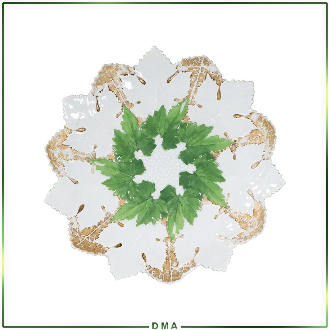 MEISSEN Antique Porcelain White & Green Leaf Plate: MEISSEN Antique Porcelain White & Green Leaf Plate. Crossed Swords marking. Size: 1.5h x 9.5w