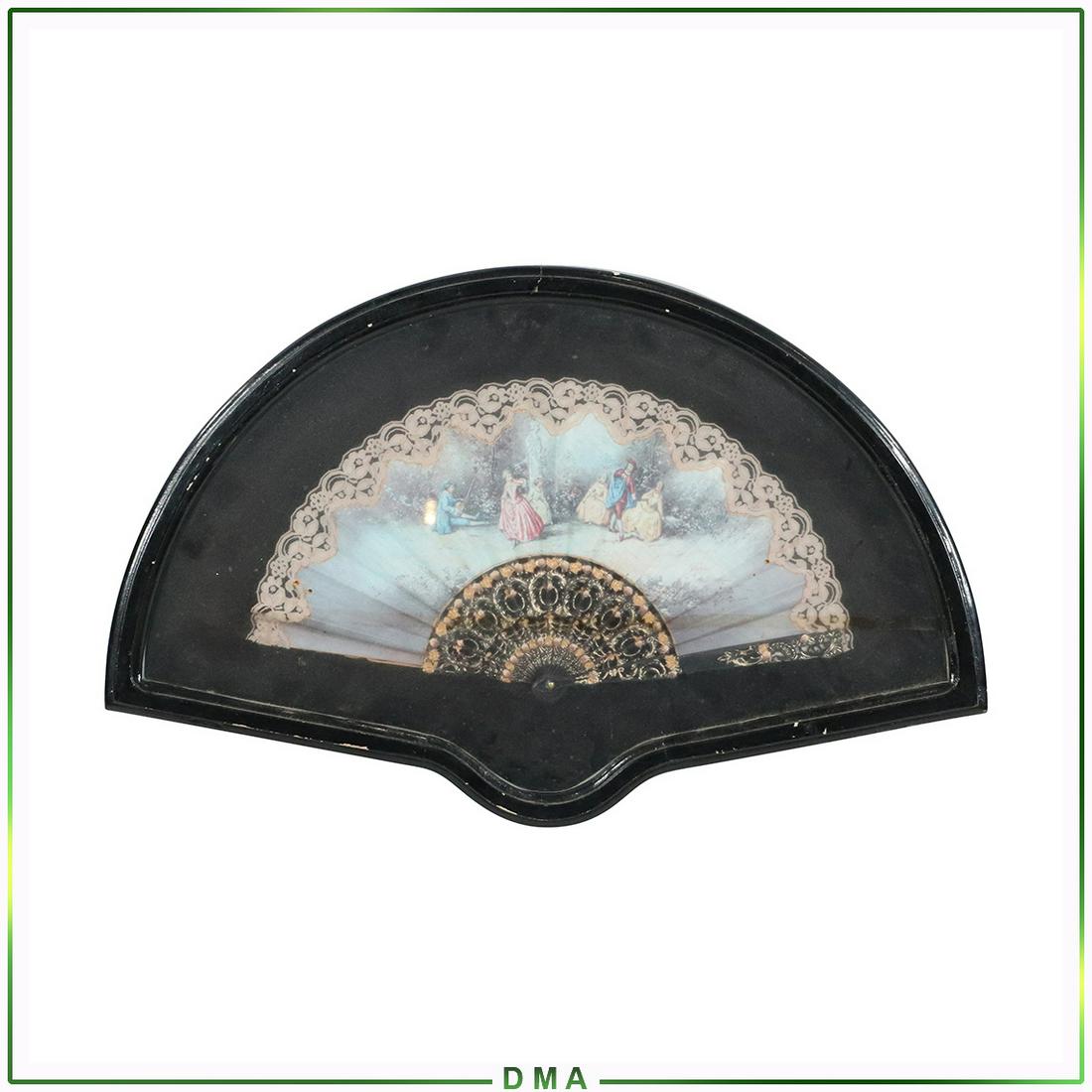 French Hand Fan, Hand Painted Figures, Shadow Box Frame: French Hand Fan, Hand Painted Figures, mounted in a Shadow Box Frame. Antique. Size: 9L x 17w fan, 16x25 outside frame