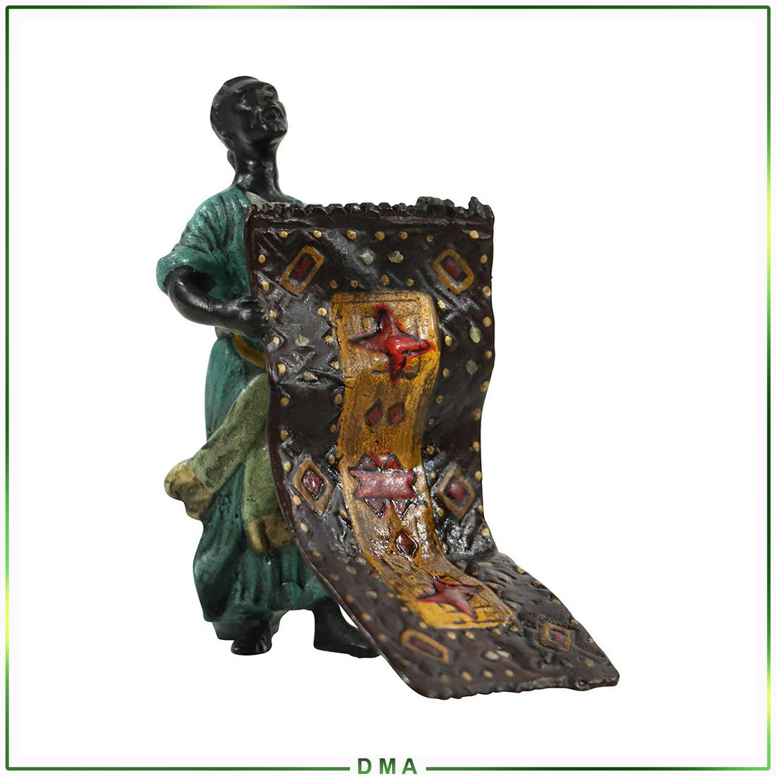 after Bergman, Vienna Bronze Arabian Carpet Merchant: after Bergman, Vienna Bronze Arabian Carpet Merchant. Bears signature. Original patina finish. Size: 4h x 2.5w