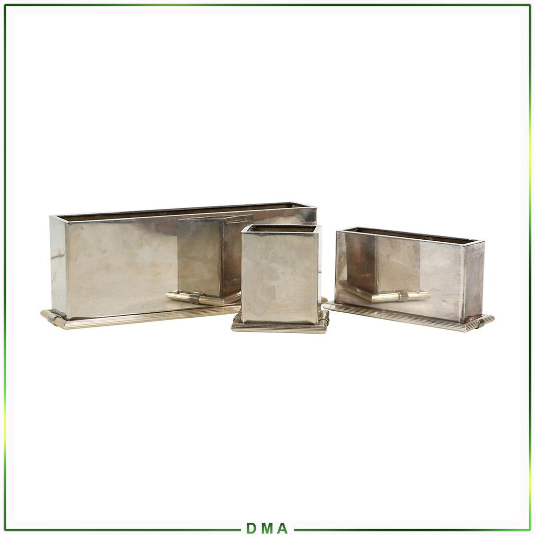 3 Pc. Modernism Silver Plated Desk Letter Holders, Pens: 3 Pc. Modernism Silver Plated Desk Letter Holders, Pens. Italy. Size: 4h x 11w