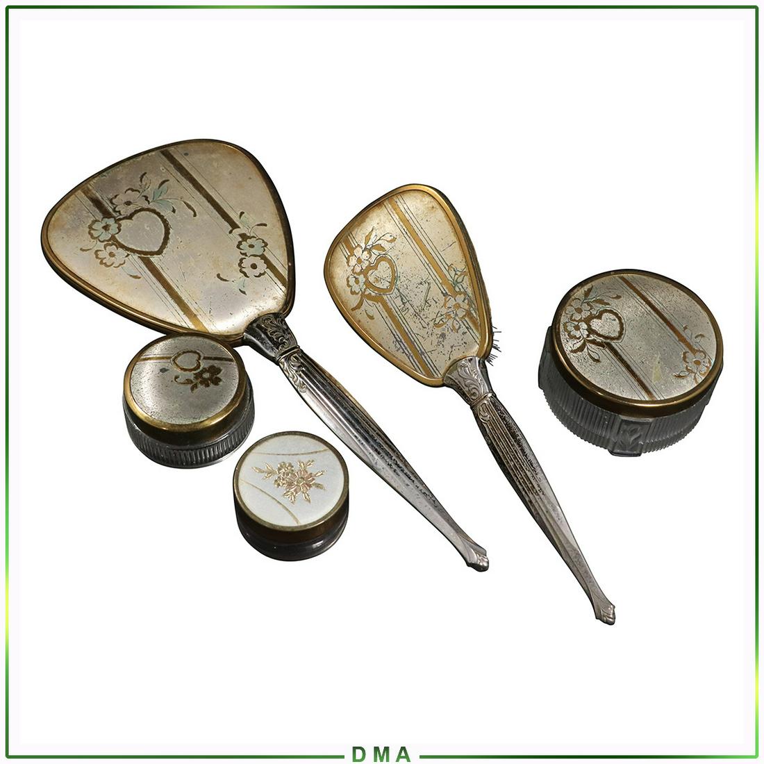 5 Pc. Vintage Hair Brush, Hand Mirror, Pin Boxes Set: 5 Pc. Vintage Hair Brush, Hand Mirror, Pin Boxes Set. Size:1.25x2.25-2x3.5 containers, 13.75x5.5 mirror, 10.5x3.5 brush