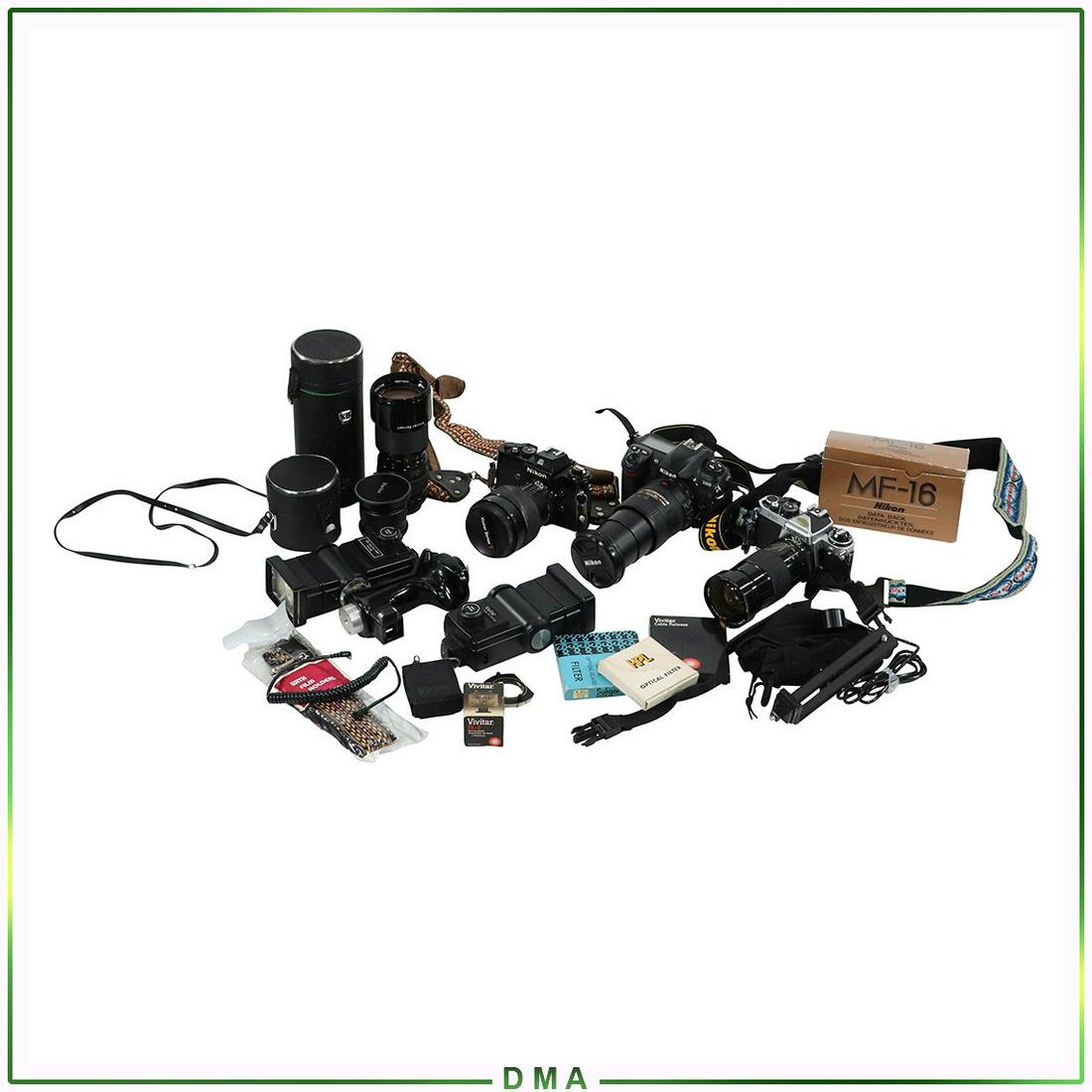 Estate Grouping Used and Vintage Cameras, Lens, & More: Estate Grouping Used and Vintage Cameras, Lens, & More. nikon FE2 28-90mm, nikon D200 nikkor dx18-200mm af-s, nikon EL, telephoto vivitar series 1 90-180mm, vivitar 0.5-30mm (small case)