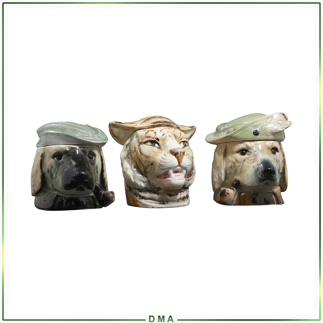 3 Whimsical Ceramic Majolica Animal Head Tobacco Jars: 3 Whimsical Ceramic Majolica Animal Head Tobacco Jars; 2 are Dogs, other is a Tiger. Vintage. Size: 4h x 4.5w