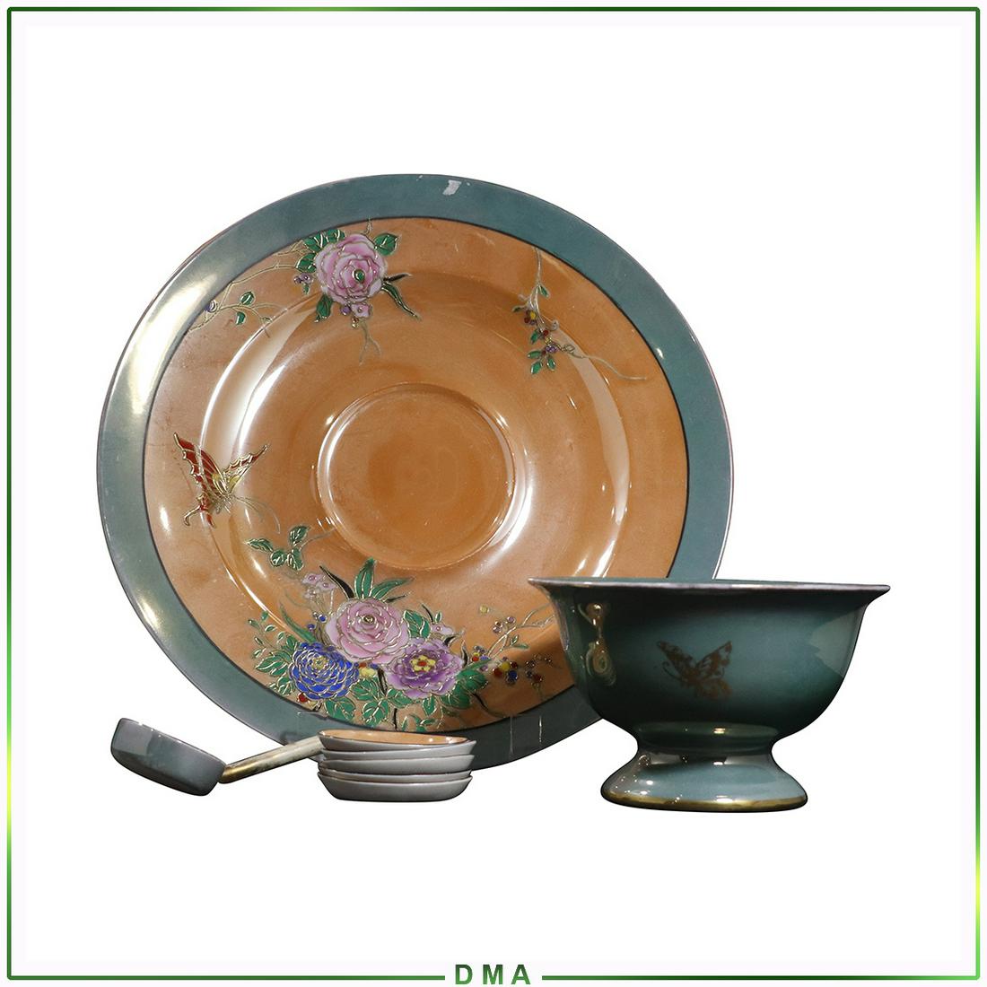 8 Pc. Noritake 1920s Lustre Dip Set. Underplate, Bowl: 8 Pc. Noritake 1920s Lustre Dip Set. Underplate, Bowl, ladle, 5 small pats. Size: 11.75dia plate, 3.5x6 bowl, (5x) 2.5x1.5 dish, 5L spoon