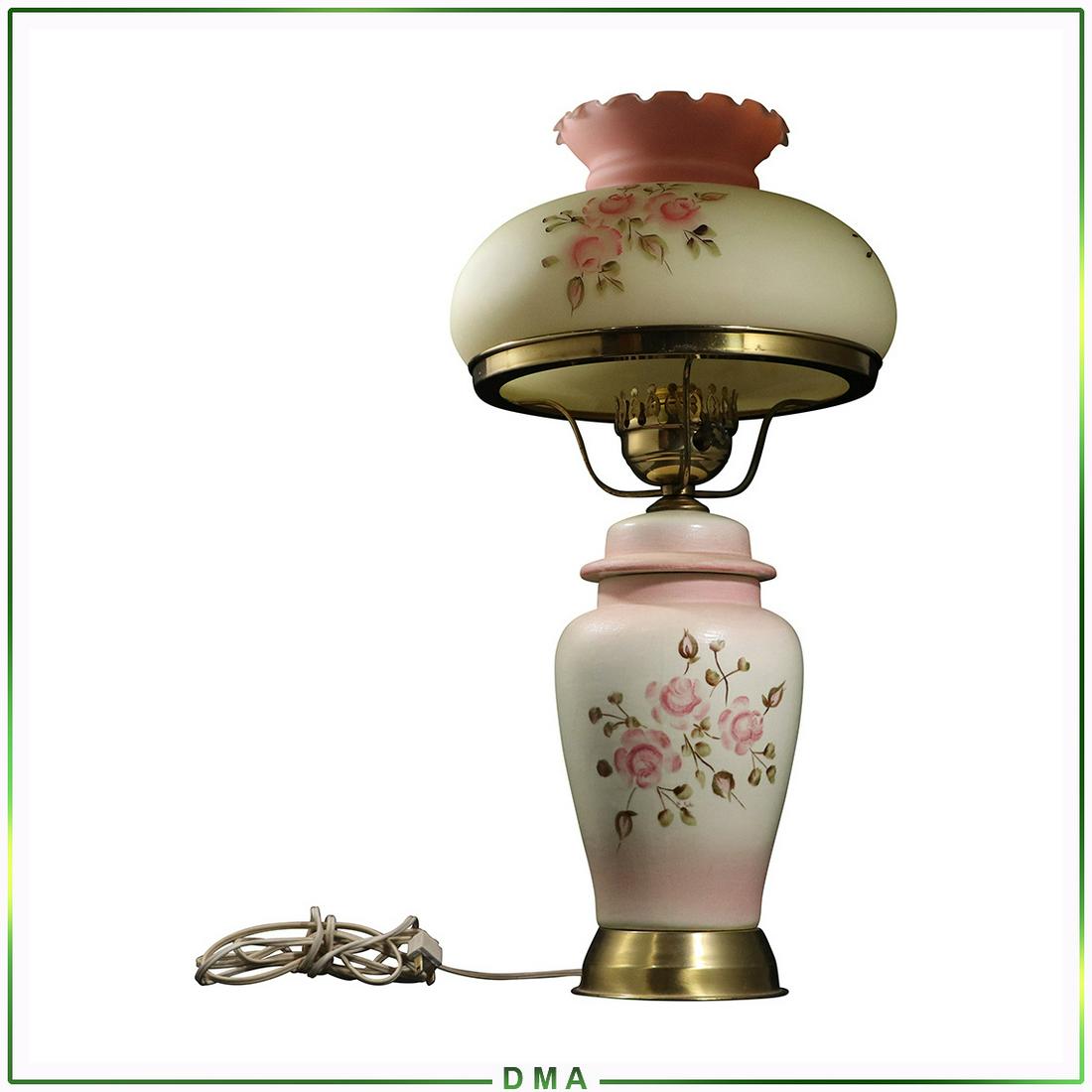 Fenton Burmese Glass Hurricane Lamp: Fenton Burmese Glass Hurricane Lamp. Wiring good, works fine. Size: 22h x 10.5w