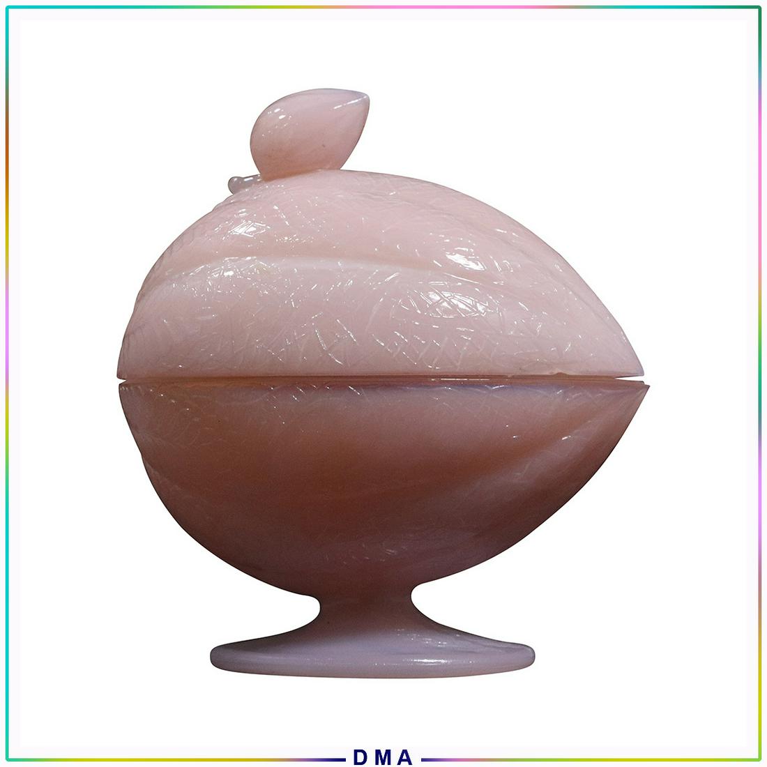 Vintage Opaque Pink Glass Citrus Fruit Covered Jar: Vintage Opaque Pink Glass Citrus Fruit Covered Jar. Unique. Size: 6 in. h x 5.5 in. w