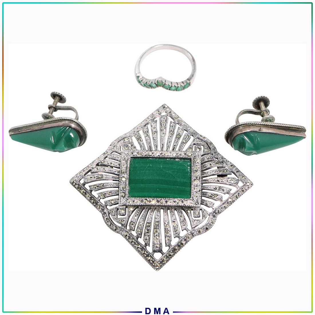 Art Deco Sterling Jade Marcasite Brooch, Ring, Earrings: 3 pieces: Art Deco Sterling Jade Marcasite Brooch, Jade Ring, Jade Earrings. Marked: brooch Sterling; Ring .925, earrings Mexico Silver. Size: brooch 1 3/4 in. x 1 3/4 in ; ring size 8, 3/4 in. x 1/8 
