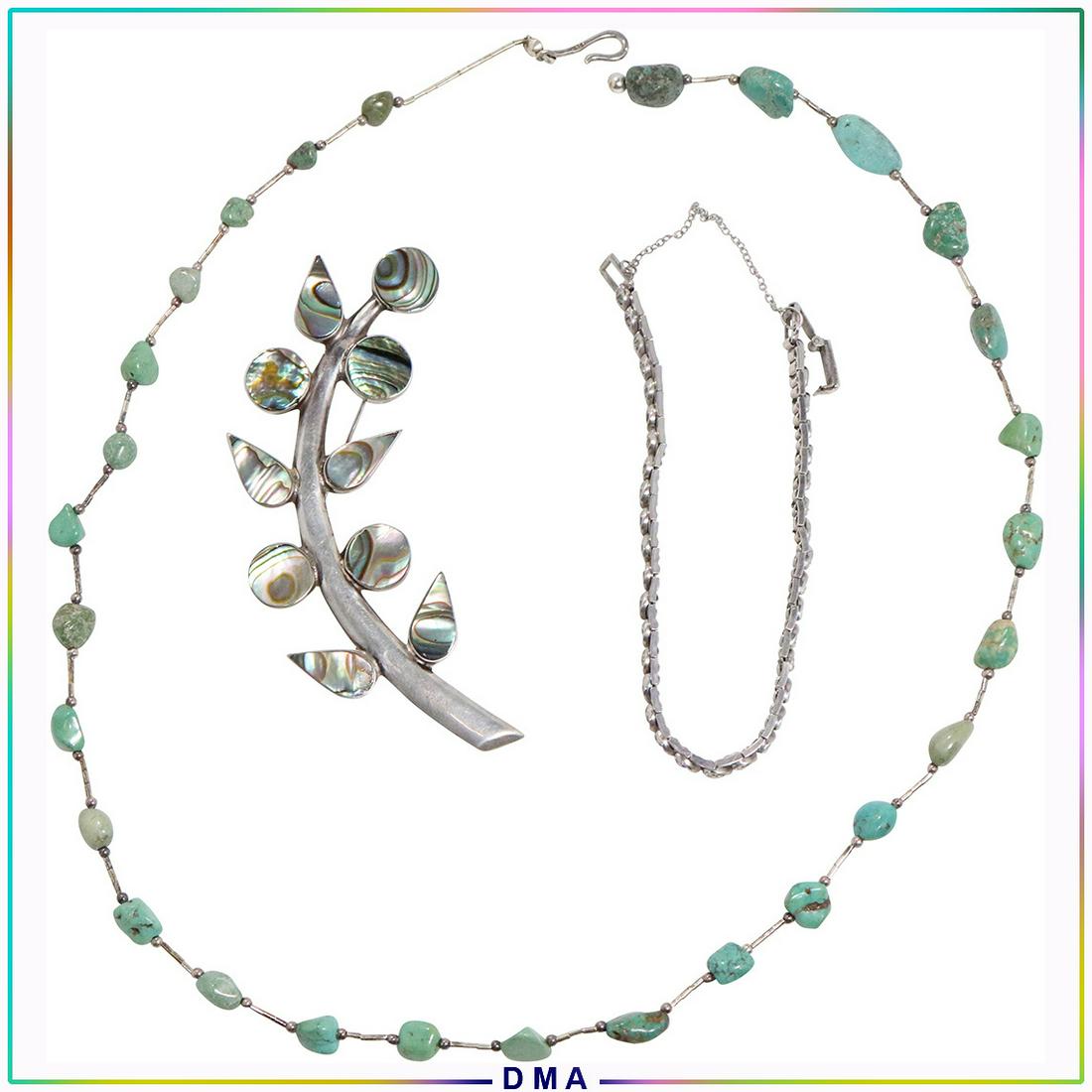 [3] .925 Sterling Turquoise Necklace, Bracelet, Brooch: [3] .925 Sterling Turquoise Necklace, Rhinestones Bracelet, Abalone Brooch. Marked: Mexico Taxco .925; Sterling; .925 ; Size: Necklace 20 in. x 1/4 in.; brooch 3 1/2 in. x 1 1/4 in. ; bracelet 7 in. x