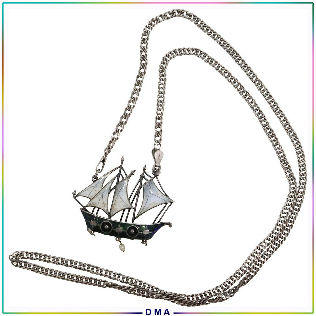 Sterling Silver Enameled Sail Boat Pendant Necklace: Sterling Silver Enameled Sail Boat Pendant Necklace with pearl droplets. Marked: .925 Italy. Size: sail boat 1 1/4 in. x 1 3/4 in. ; chain 24 in. length.