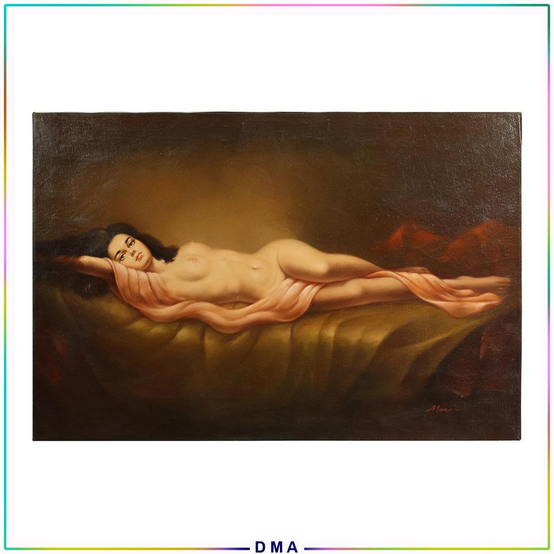 Morino, 20th C. Fine Reclining Nude Woman Oil Painting: Morino, 20th C. Fine Reclining Nude Woman Oil Painting. Oil on canvas, Signed. Nice quality painting. Size: 24 x 36