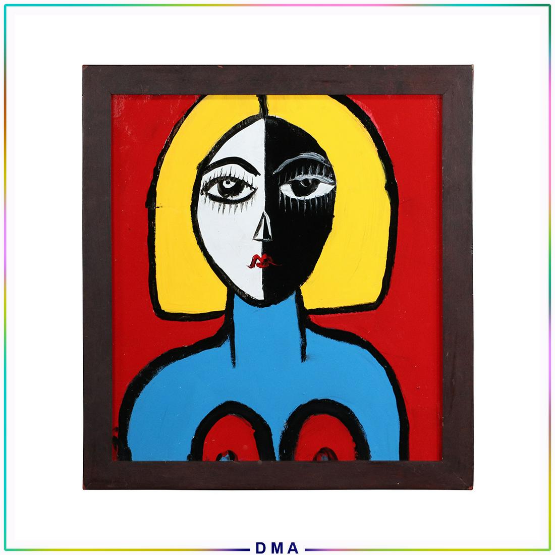 Pulgini, Mid-Century Oil/b Abstract Two Face Blue Woman: Pulgini, Mid-Century Oil/b Abstract Two Face Blue Woman. Oil on board painting, Signed on Verso. Framed. Strong Image. Popular Philadelphia Area Artist. Top Auction prices recorded for this artist in