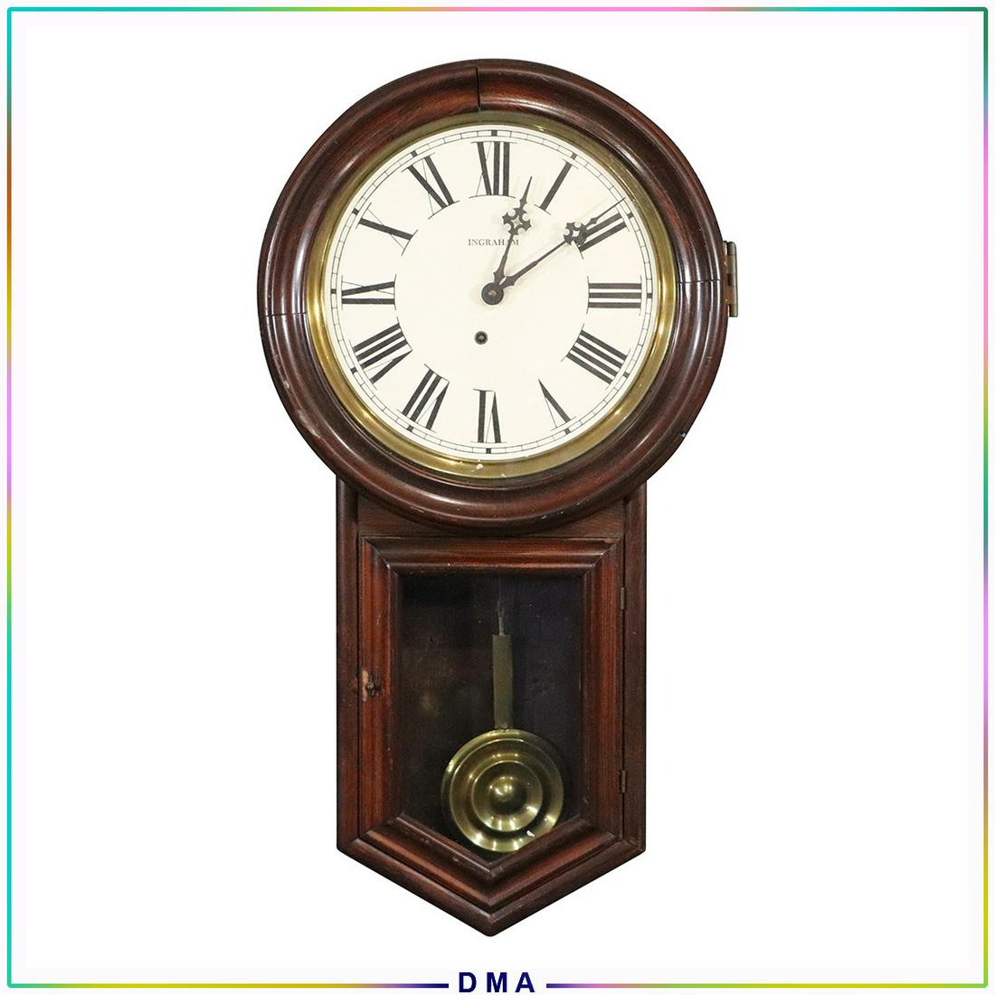 Ingraham "Bristol" Antique Drop Regulator Wall Clock: Ingraham "Bristol" Antique Drop Regulator Wall Clock. Walnut wood. Original label on back. Original brass pendulum and key. Size: 30h x 16w x 4.5d