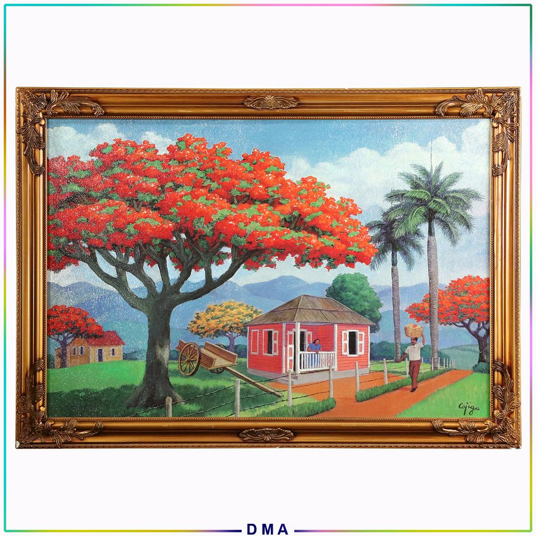 Luis Cajiga, Puerto Rico, Latin American Orchard Giclee: Luis Cajiga, Puerto Rico Artist, Latin American Orchard landscape with figure. Colorful. Giclee on board. Framed Size: 36x24 image, 40.5x28.5 outside frame. ASKart: Luis German Cajiga (Born 1934) is a