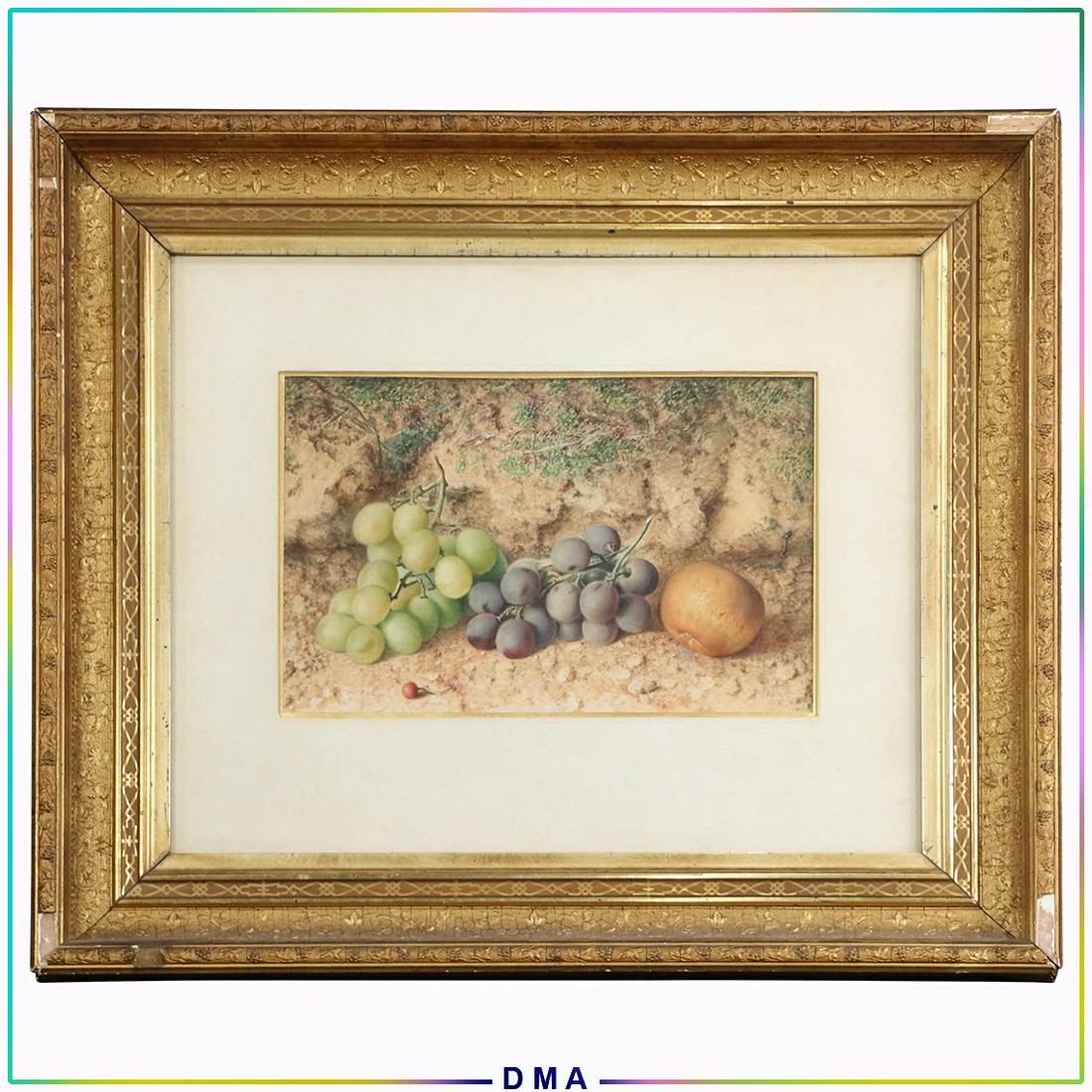 Philip Dolan, 19th C. Fine Watercolor Still Life Grapes: Philip Dolan, 19th C. Fine Watercolor painting Still Life Grapes and Fruit. Signed: P Dolan, Well listed British artist. Original gold antique frame. Size: 14x17 image, 19.5x22 outside frame. ASKart: 