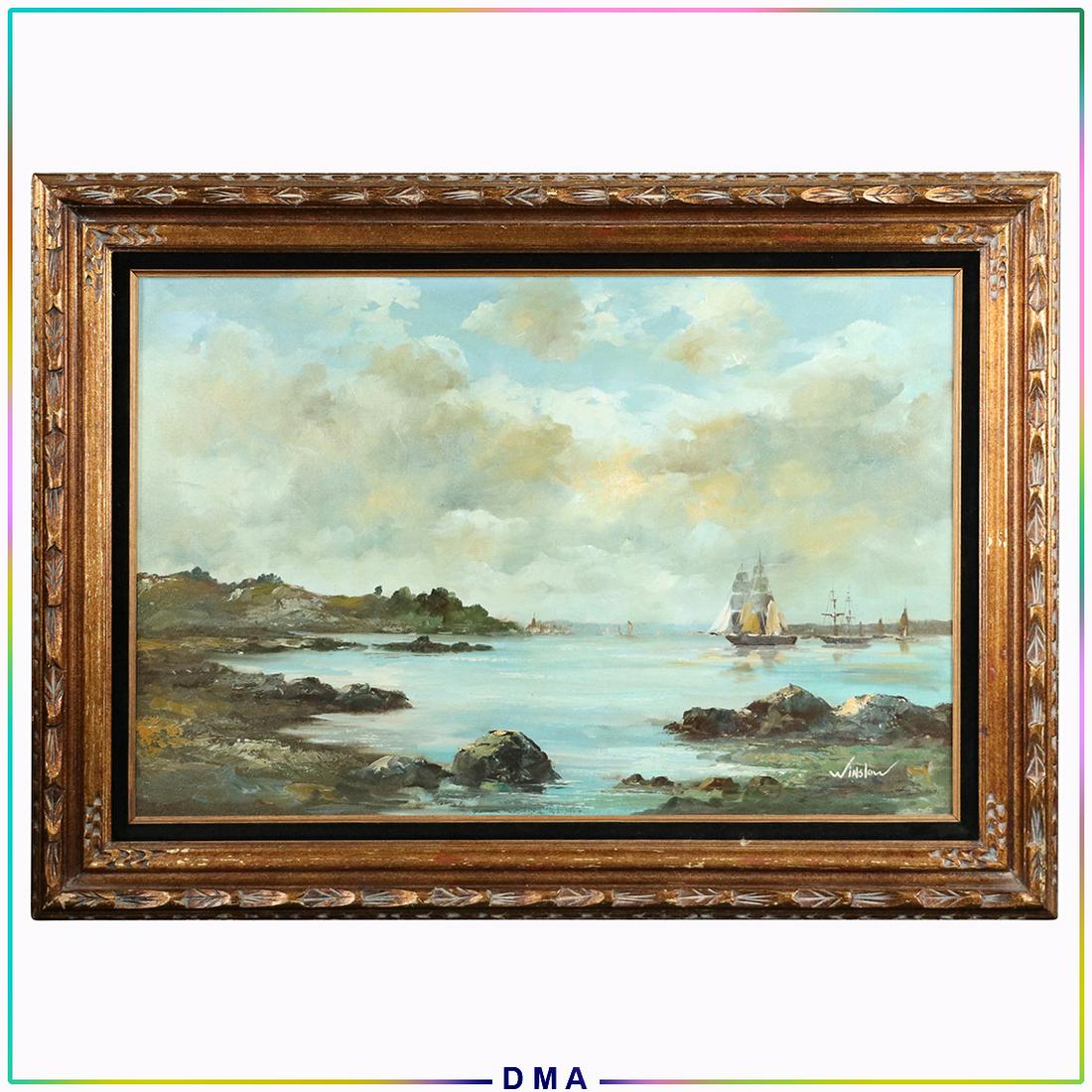 Winslow, Vintage Oil/c Painting Full Sail Ships Coastal: Winslow, Vintage Oil/c Painting Full Sail Ships at ocean Coastal seascape. Oil on canvas painting, Signed, original frame. Size: 24x36 image, 32.5x44.5 outside frame