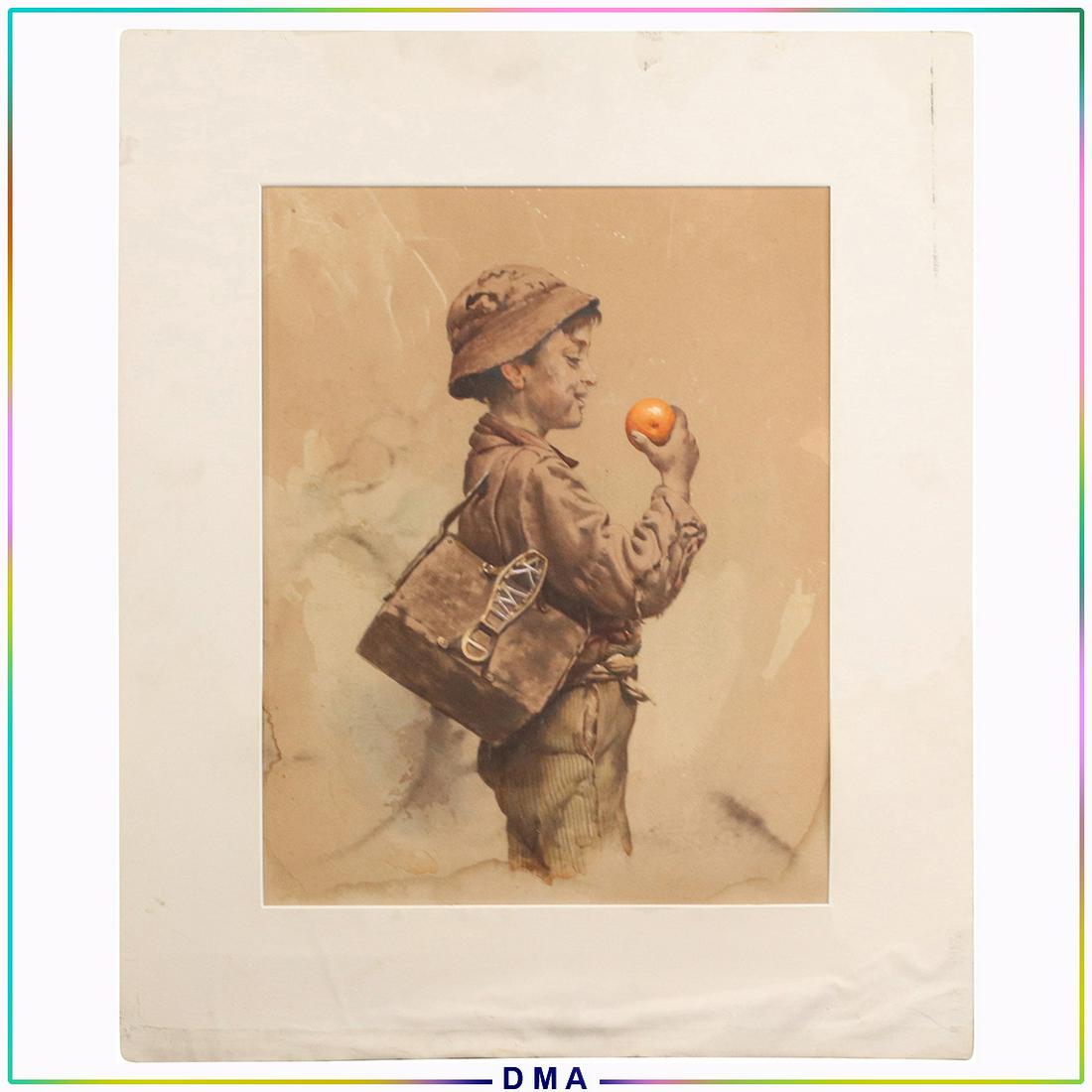 after JG Brown, Watercolor Shoeshine Boy Holding Orange: after JG Brown, Watercolor Shoeshine Boy Holding Orange. Watercolor painting. Unsigned. Great quality. Vintage. Size: 16.5x13 image, 24x20 outside mat. ASKart: John George Brown (1831 - 1913) was acti
