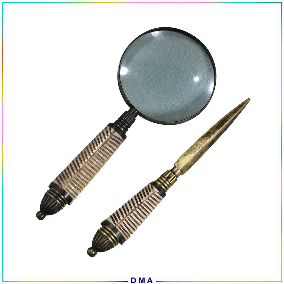 Bone Handle Brass Letter Opener and Magnifying Glass: Bone Handle Brass Letter Opener and Magnifying Glass. Size: 9L x 1.25w, 9.75L x 4w