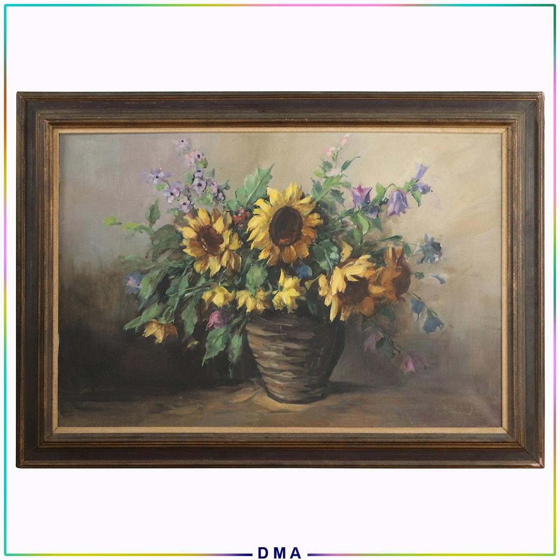 F Kormendy, Hungarian, Oil/c Sunflowers Still Life: F Kormendy, Hungarian, Oil/c Sunflowers Still Life. Oil on canvass painting. Signed. Original frame. Size: 24x36 image, 30.5x42.5 outside frame. ASKart: F. Kormendy (20th Century) was active/lived in 