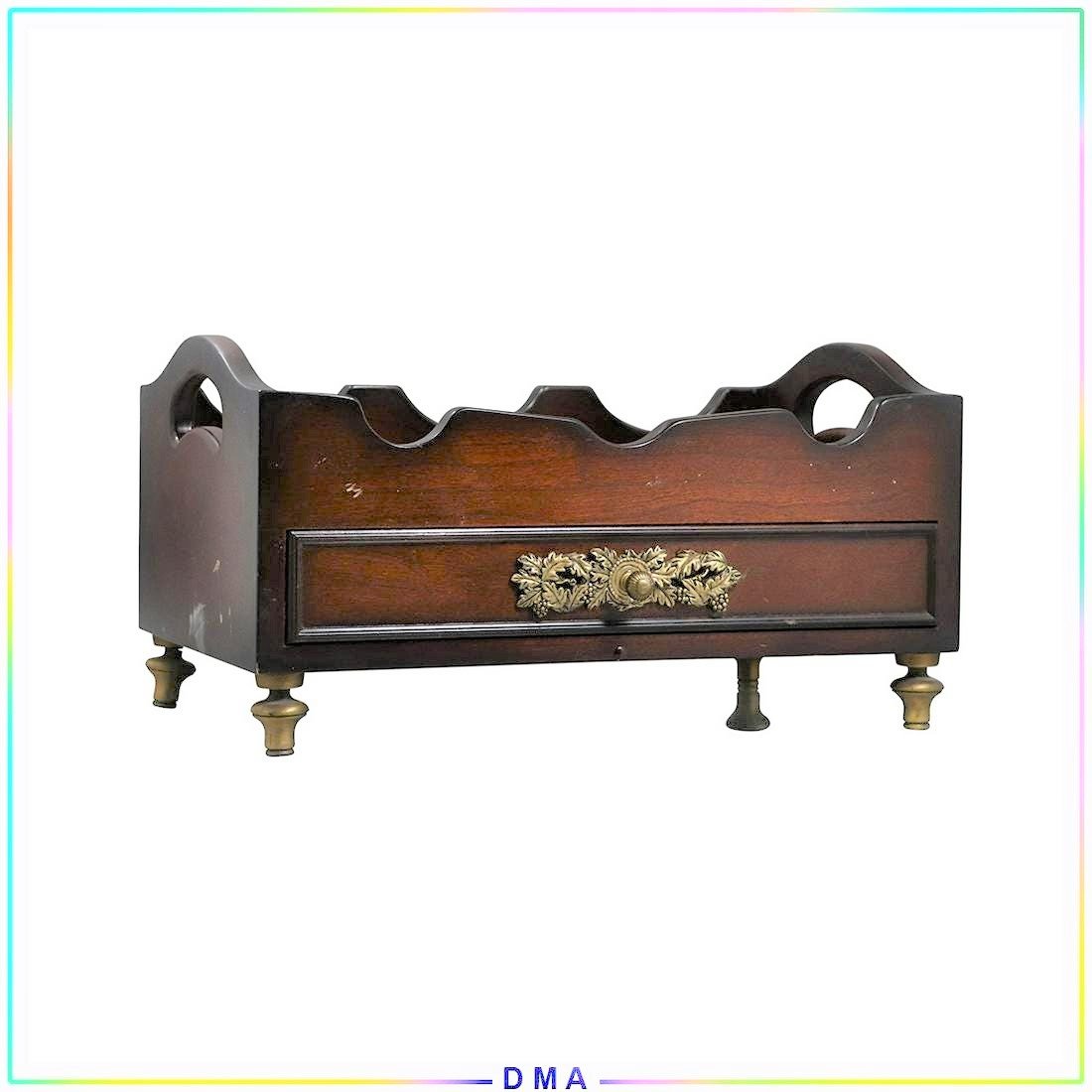 Bombay Mahogany Wine Bottle Plateau Box: Bombay Mahogany Wine Bottle Plateau Box. One drawer with 3 jeweled wine stoppers fitted on side. Size: 7.5h x 14L x 9w