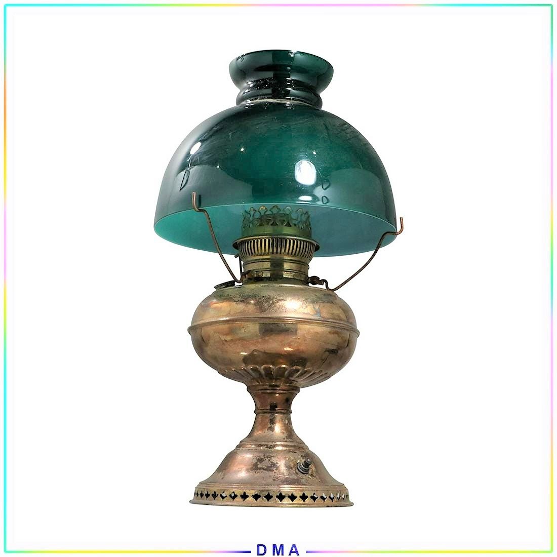 Vintage Brass Rayo Lamp with Green Cased Glass Shade: Vintage Brass Rayo Lamp with Green Cased Glass Shade, electrified. Size: 18 in. h x 10 in. diameter shade