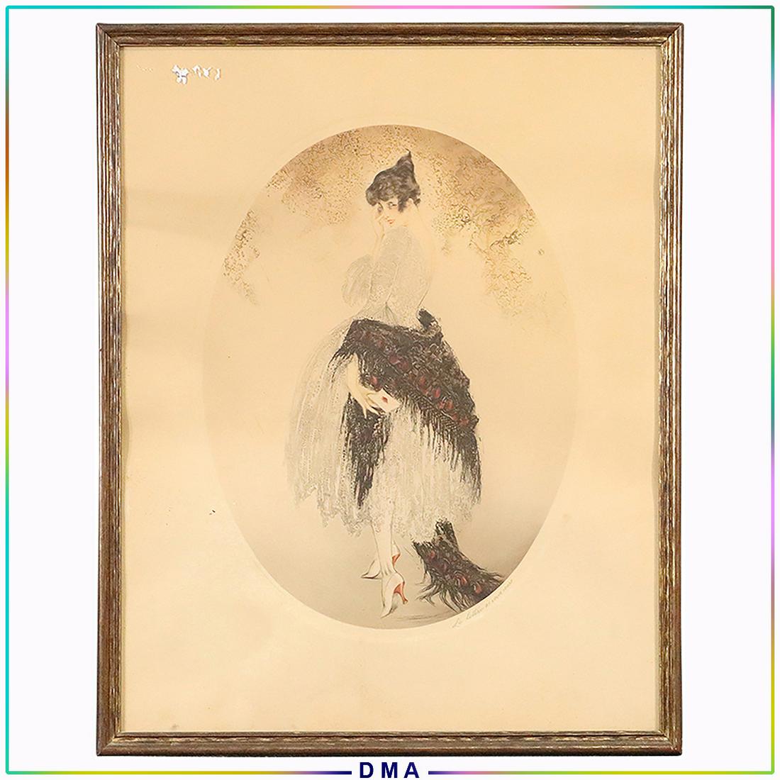 La Lettre by Louis Icart Vintage Oval Print Framed: La Lettre by Louis Icart Vintage Oval Print, Original Frame. Published by Morris & Bendien Inc NY Size: 16x12 image, 23x18.5 outside frame