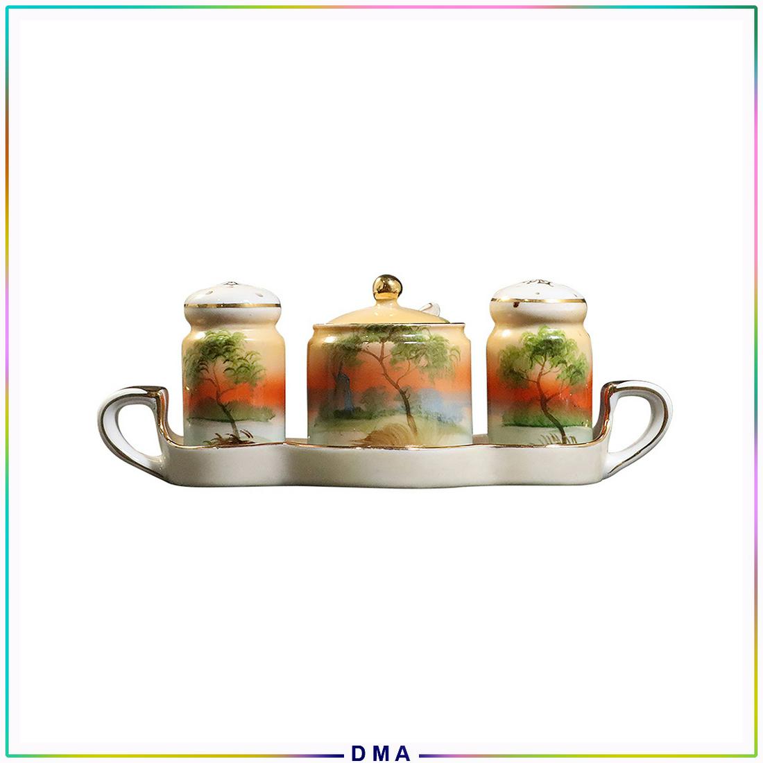 Noritake Porcelain Condiment, Salt & Pepper Set on Tray: Noritake Porcelain Condiment, Salt & Pepper Set on Tray. Hand Painted landscape. Circa 1920. Size: 2.5h x 7.5w