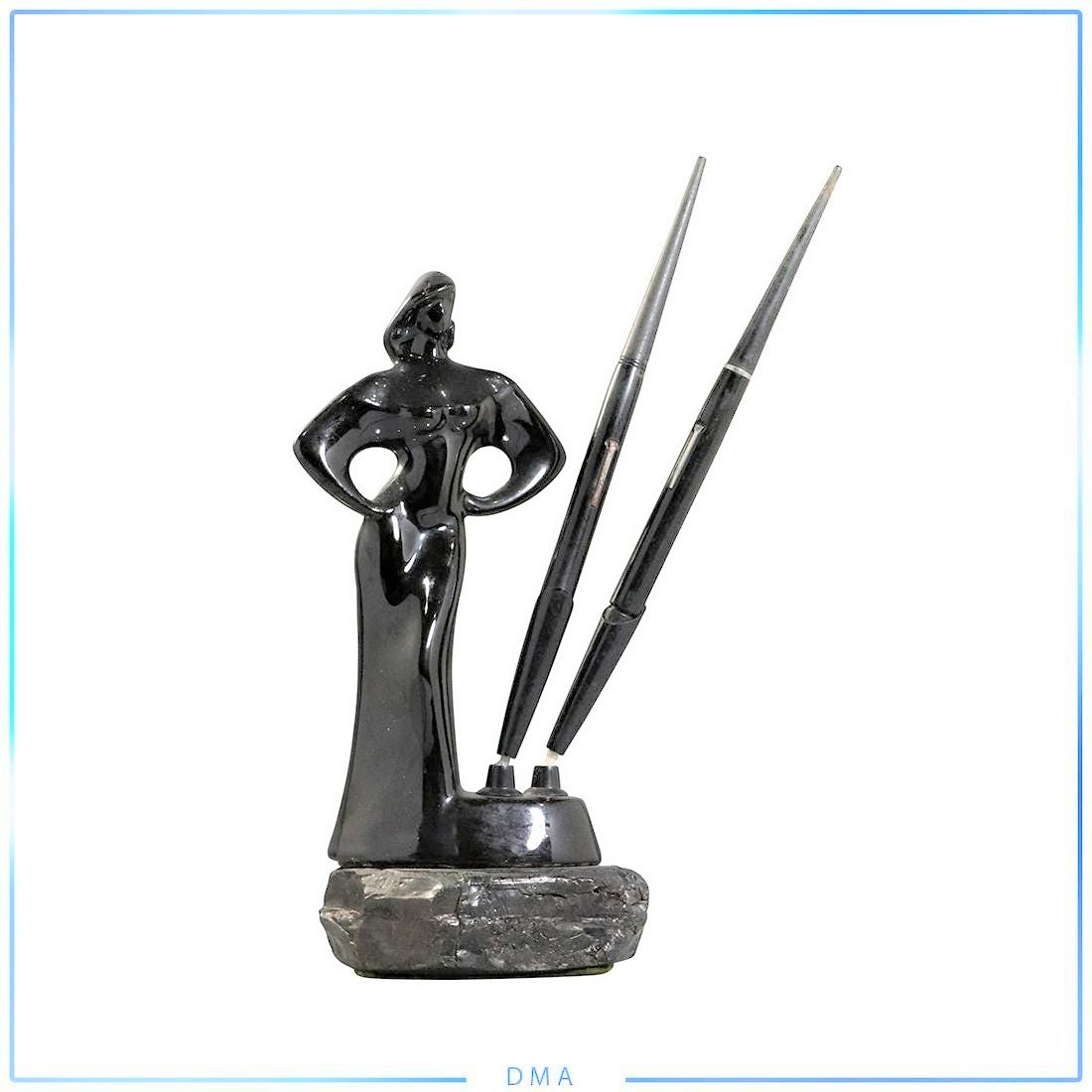 Art Deco Black Ceramic Woman Figure Quill Pen Holder: Art Deco Black Ceramic Woman Figure Quill Pen Holder. size: 9h x4l