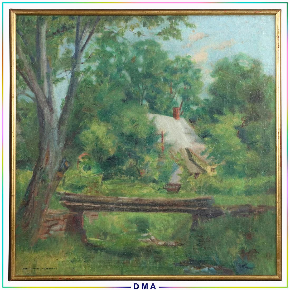 William Wendt 1865-1946, Oil/c Cabin in Woods Painting: William Wendt 1865-1946, Oil/c Cabin in Woods Painting. Oil on canvas painting. Signed. Framed. Well listed American Artist. Size: 25x25 image, 26x26 outside frame. ASKart: William Wendt (1865 - 1946)