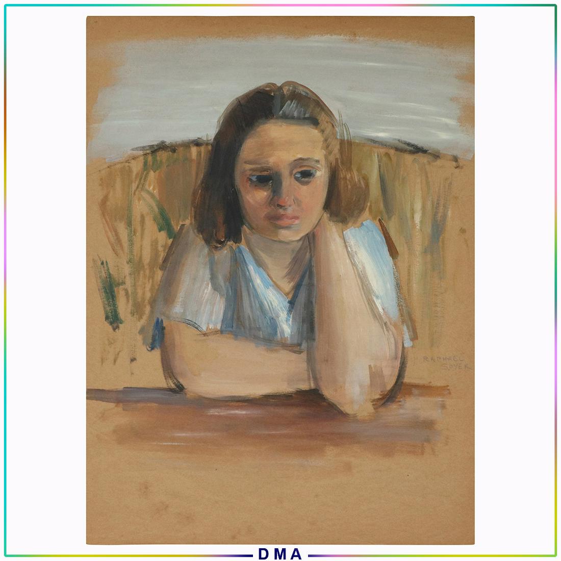Raphael Soyer, Gouache on Paper, Portrait of a Sad Girl: Raphael Soyer, Gouache on Paper, Portrait of a Sad Girl. Painting. Signed on verso. Well listed Artist. Size: 20x15.25 . ASKart: Raphael Soyer (1899 - 1987) was active/lived in New York. Raphael Soyer
