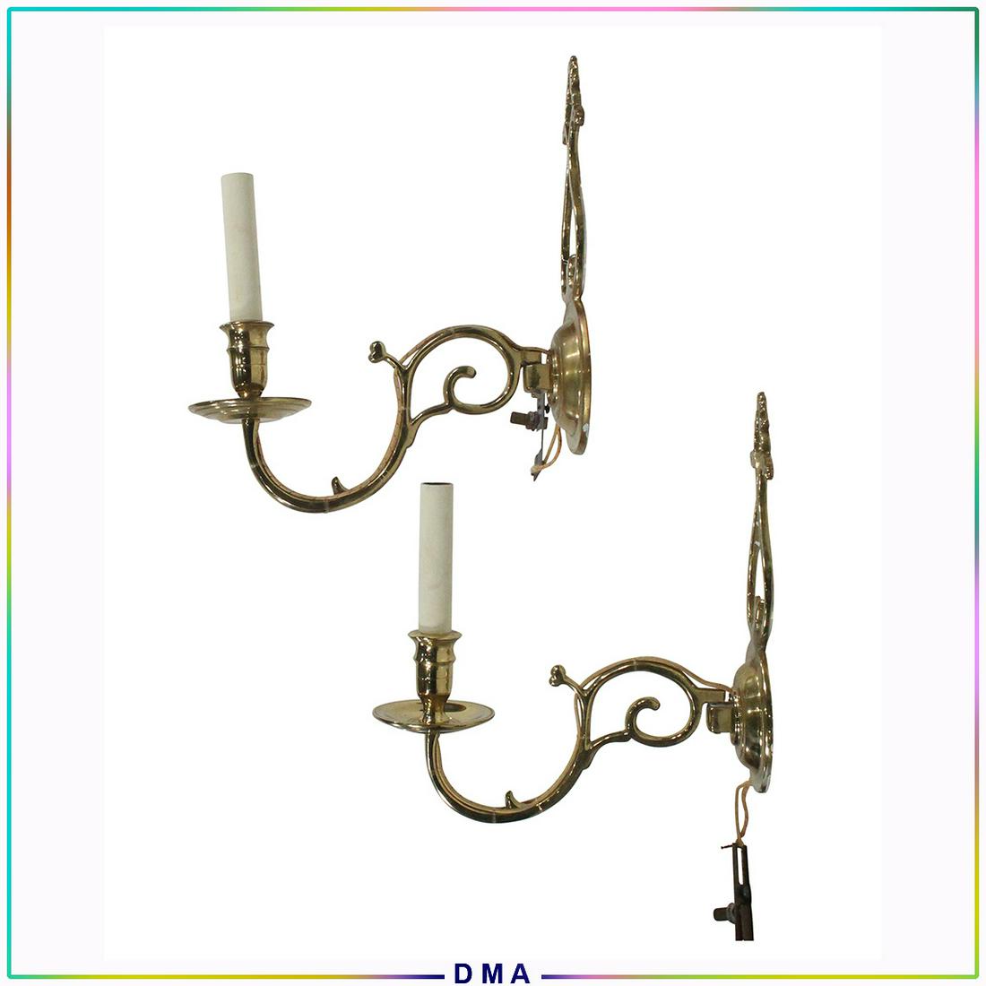 [2] Two Brass Single Light Electric Wall Sconces: [2] Two Brass Single Light Electric Wall Sconces. Size: 10 h , 11.5 w