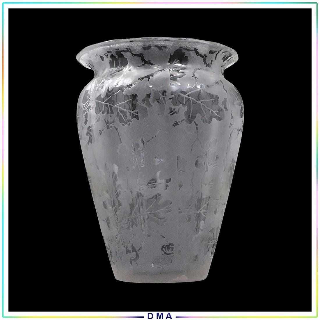 Fine Crystal Glass and Frosted Vase Leaves with Acorns: Fine Crystal Glass and Frosted Vase Leaves with Acorns . Size: 8h x 6w