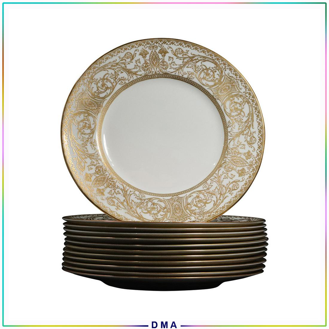 12 Royal Worcester Embassy Fancy Gold Rim Dinner Plates: 12 Royal Worcester Embassy Fancy Gold Rim Dinner Plates. Size: 10.5dia